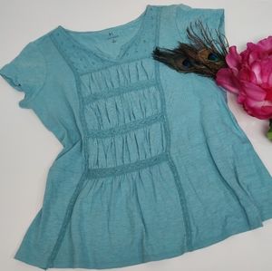 Hannah Crocheted Tee Eyelet Peplum Split V-Neck Boho Top Blue Cotton Small